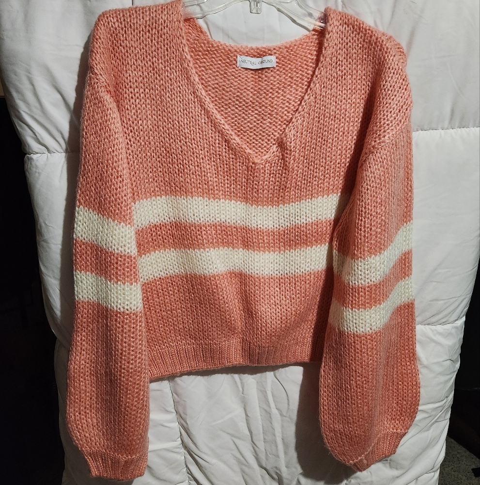 Pink and White V-Neck Sweater